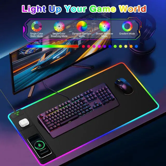 Alt view image 10 of 14 - XXL RGB LED Gaming Mouse Pad with Magnetic Wireless Charger & Foldable Phone Holder, 31.5"x15.8" Extended Ultra-Smooth Desk Mat, 25 Lighting Effects, Non-Slip Base, Includes 20W PD Adapter