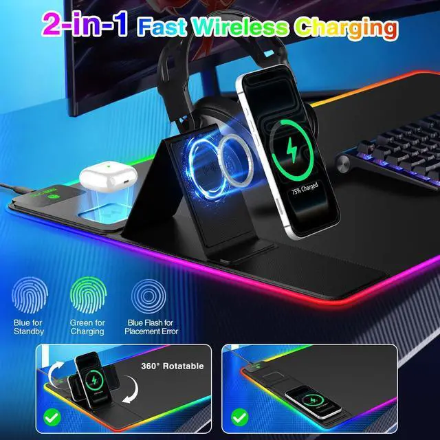 Alt view image 9 of 14 - XXL RGB LED Gaming Mouse Pad with Magnetic Wireless Charger & Foldable Phone Holder, 31.5"x15.8" Extended Ultra-Smooth Desk Mat, 25 Lighting Effects, Non-Slip Base, Includes 20W PD Adapter