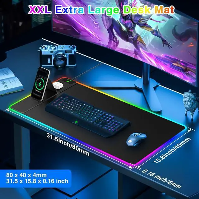 Alt view image 12 of 14 - XXL RGB LED Gaming Mouse Pad with Magnetic Wireless Charger & Foldable Phone Holder, 31.5"x15.8" Extended Ultra-Smooth Desk Mat, 25 Lighting Effects, Non-Slip Base, Includes 20W PD Adapter