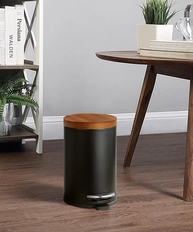 Alt view image 12 of 15 - Elite Bamboo Lid 4.5 Liter / 1.2 Gallon Round Trash Can with Plastic Inner Bucket; Bathroom, Office, Kitchen and Bedroom Step On and Slow Close (Black)