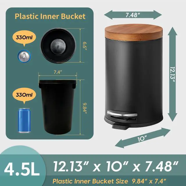 Alt view image 15 of 15 - Elite Bamboo Lid 4.5 Liter / 1.2 Gallon Round Trash Can with Plastic Inner Bucket; Bathroom, Office, Kitchen and Bedroom Step On and Slow Close (Black)