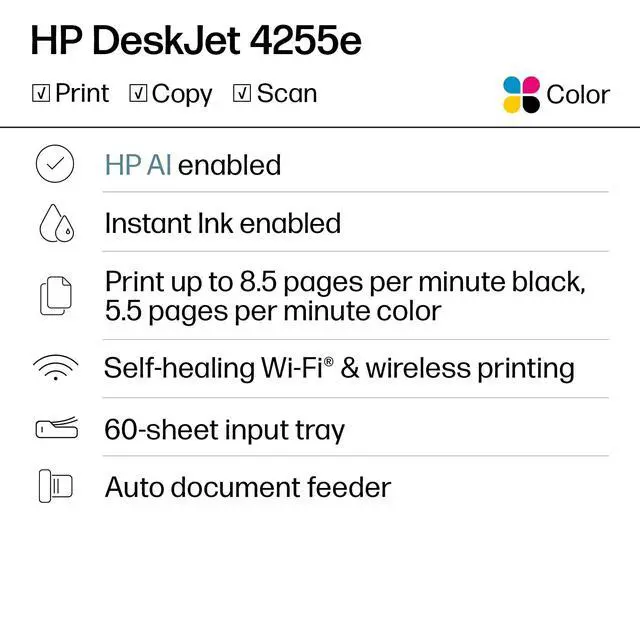 Alt view image 9 of 14 - DeskJet 4255e Wireless All-in-One Color Inkjet Printer, Scanner, Copier, Best-for-home, 3 month Instant Ink trial included. This printer is only 2.4 ghz capable. AI-enabled (588S6A)