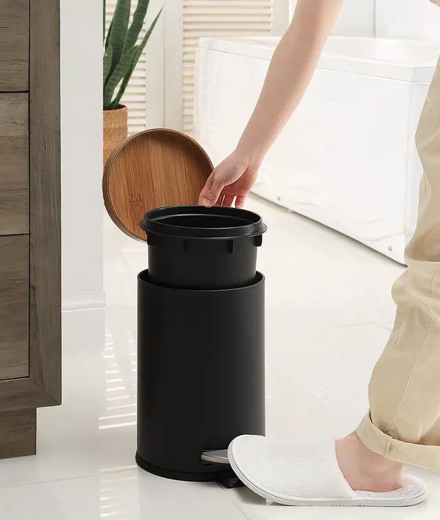 Alt view image 13 of 15 - Elite Bamboo Lid 4.5 Liter / 1.2 Gallon Round Trash Can with Plastic Inner Bucket; Bathroom, Office, Kitchen and Bedroom Step On and Slow Close (Black)