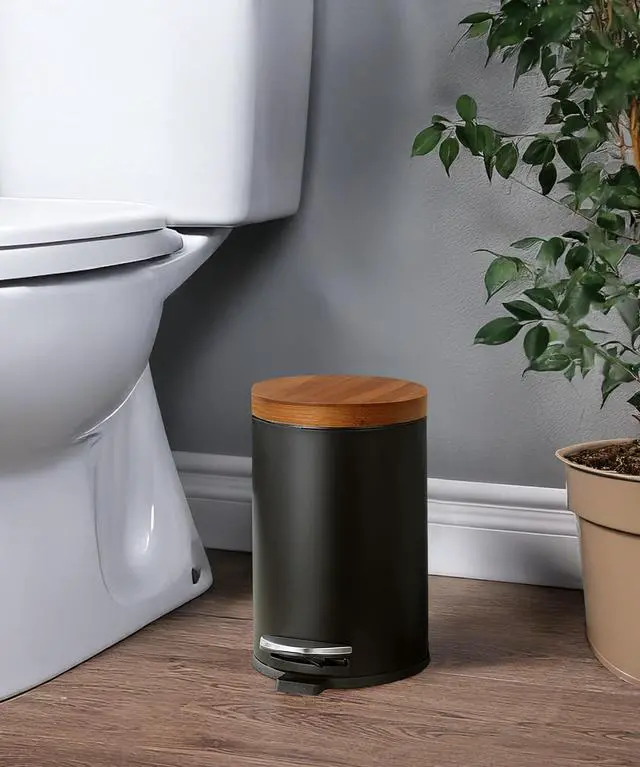 Alt view image 14 of 15 - Elite Bamboo Lid 4.5 Liter / 1.2 Gallon Round Trash Can with Plastic Inner Bucket; Bathroom, Office, Kitchen and Bedroom Step On and Slow Close (Black)