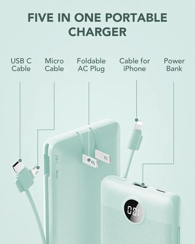 Alt view image 10 of 14 - Portable Charger Built-in Cables and AC Wall Plug, USB C Power Bank 10000mAh, Travel Battery Portable Phone Charger Compact Lightweight External Battery Pack for Smart Phones, Tablets etc-Green
