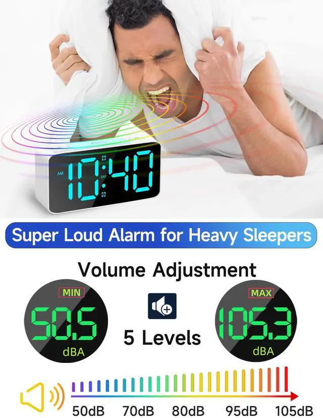 Alt view image 11 of 12 - Super Loud Alarm Clock for Heavy Sleepers Adults,Digital Clock with 7 Color NightLight,Adjustable Volume,USB Charger,Small Clocks for Bedrooms,Ok to Wake Up for Kids,Teens (White+RGB)