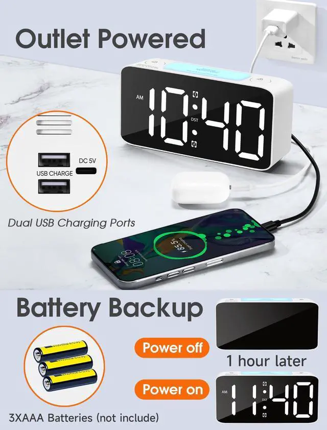 Alt view image 12 of 12 - Super Loud Alarm Clock for Heavy Sleepers Adults,Digital Clock with 7 Color NightLight,Adjustable Volume,USB Charger,Small Clocks for Bedrooms,Ok to Wake Up for Kids,Teens (White+RGB)