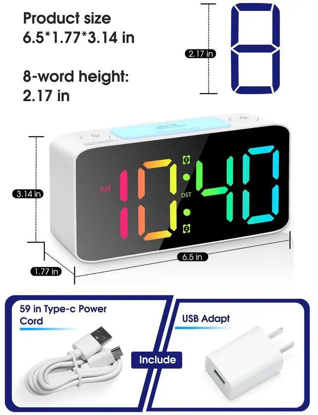 Alt view image 8 of 12 - Super Loud Alarm Clock for Heavy Sleepers Adults,Digital Clock with 7 Color NightLight,Adjustable Volume,USB Charger,Small Clocks for Bedrooms,Ok to Wake Up for Kids,Teens (White+RGB)