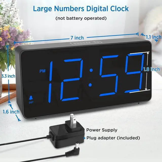 Alt view image 9 of 14 - Digital Alarm Clock for Bedroom Bedside, Loud Alarm Clock for Heavy Sleepers, Large Big LED Numbers for Seniors, Battery Backup Plug in Electric Clock with USB Charger (Blue)