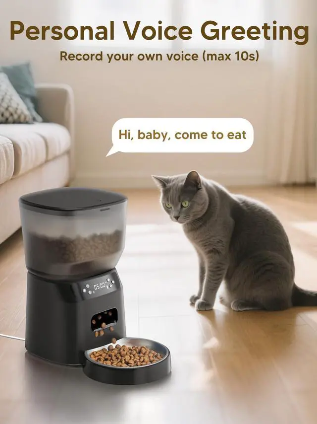 Alt view image 11 of 14 - Automatic Cat Feeder and Water Fountain, 4L/16 Cups Timed Cat Dry Food Dispenser, 10s Meal Call, 20 Portions 6 Meals Per Day, 2L Cats Fountains for Drinking with Filter, Pet Feeder for Dog Black