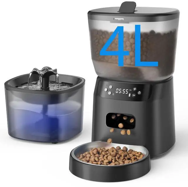Alt view image 10 of 14 - Automatic Cat Feeder and Water Fountain, 4L/16 Cups Timed Cat Dry Food Dispenser, 10s Meal Call, 20 Portions 6 Meals Per Day, 2L Cats Fountains for Drinking with Filter, Pet Feeder for Dog Black