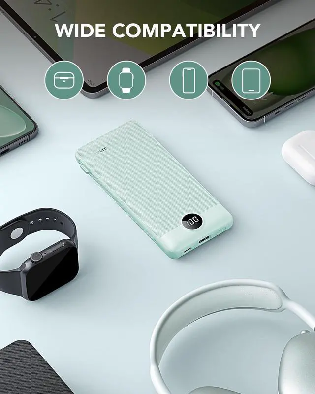 Alt view image 14 of 14 - Portable Charger Built-in Cables and AC Wall Plug, USB C Power Bank 10000mAh, Travel Battery Portable Phone Charger Compact Lightweight External Battery Pack for Smart Phones, Tablets etc-Green