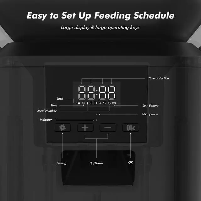 Alt view image 14 of 14 - Automatic Dog Feeder - 8L/34 Cups Large Capacity Automatic Cat Food Dispenser with LCD Screen, Large Food Tray, Battery Operated, Timed Cat Feeder, Up to 50 Portions 6 Meals Per Day, Keeps Fresh