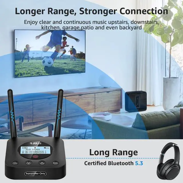 Alt view image 10 of 14 - B06TX+ Long Range Bluetooth 5.3 Transmitter for TV/PC/Projector to 2 Wireless Headphones/Speakers, Bluetooth Adapter for TV w/Screen Display, Plug n Play, aptX Low Latency & Adaptive & HD Audio