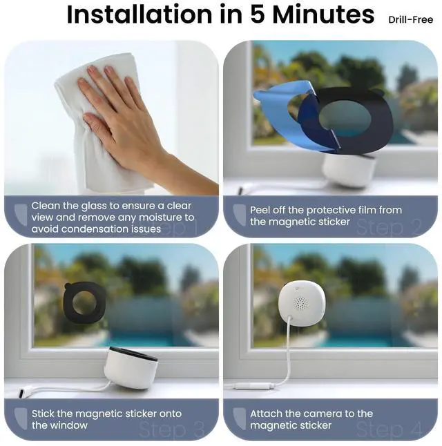 Alt view image 12 of 14 - 2K No Drill Window Camera-2 Pack 2.4Ghz & 5Ghz WiFi Dome Cameras for Home Security for Indoor & Outdoor Monitoring, Color Night Vision, Human Detection, 24/7 Recording, Ideal for Apartment, K1