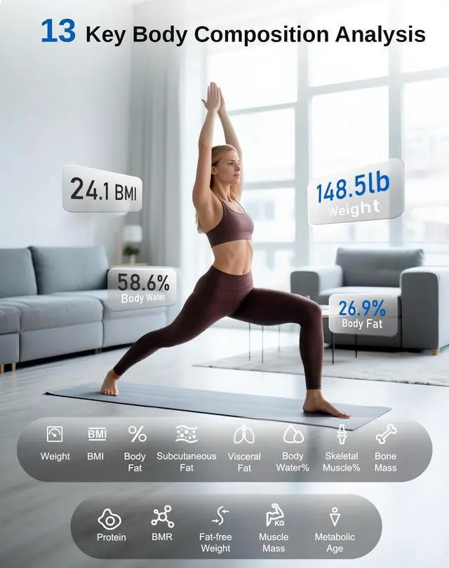 Alt view image 10 of 14 - Smart Scale for Body Weight: BMI Body Fat Digital Bathroom Scales, 13 Body Composition Monitor Health Analyzer for Home Gym, Bluetooth App Sync, Accurate 400lb Weighing, Black 11inch