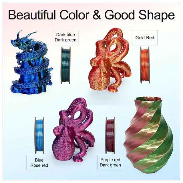 Alt view image 13 of 14 - Silk Dual Color 3D Printer Filament Bundle, 1.75 mm Color Changing PLA Bundle, 4 Spools 250g Each (Rose & Blue, Red & Gold, Violet & Green, Blue & Green)