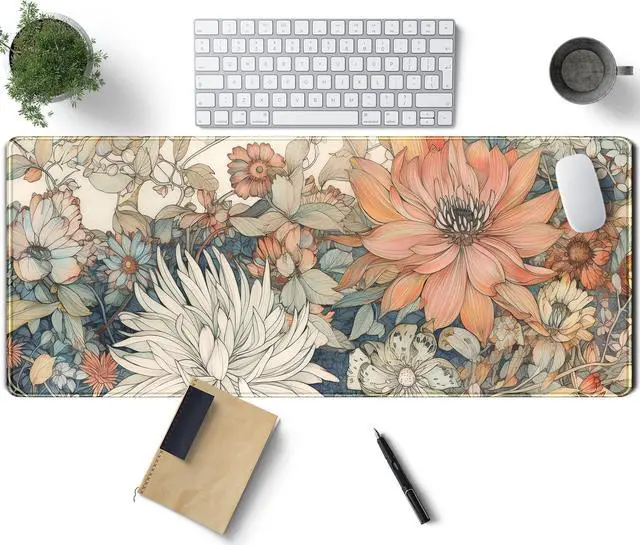Alt view image 8 of 14 - Japanese Minimalist Floral Desk Mat Aesthetic Flowers XL Large Extended Gaming Mouse Pad with Stitched Edges, Big Laptop Computer Keyboard and Mouse Mat for Girl Women Office Decor 31.5x11.8 in