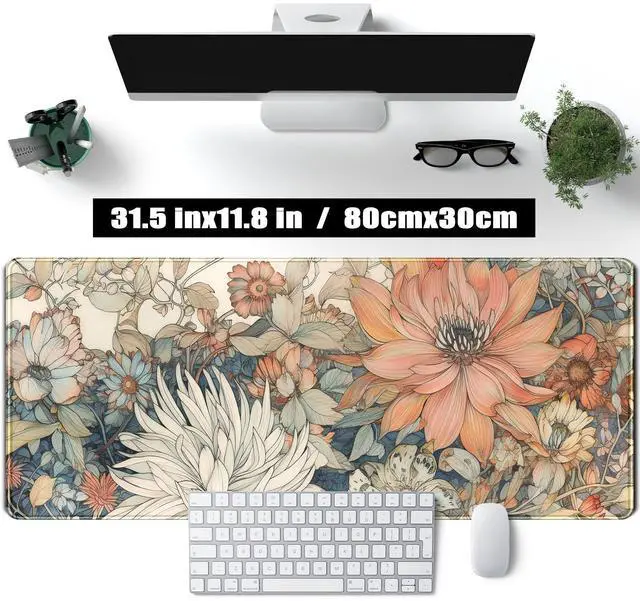 Alt view image 9 of 14 - Japanese Minimalist Floral Desk Mat Aesthetic Flowers XL Large Extended Gaming Mouse Pad with Stitched Edges, Big Laptop Computer Keyboard and Mouse Mat for Girl Women Office Decor 31.5x11.8 in