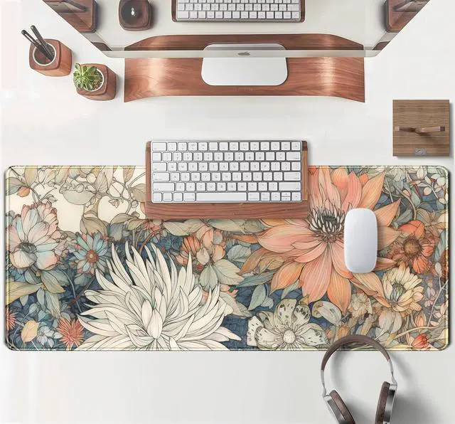 Alt view image 11 of 14 - Japanese Minimalist Floral Desk Mat Aesthetic Flowers XL Large Extended Gaming Mouse Pad with Stitched Edges, Big Laptop Computer Keyboard and Mouse Mat for Girl Women Office Decor 31.5x11.8 in