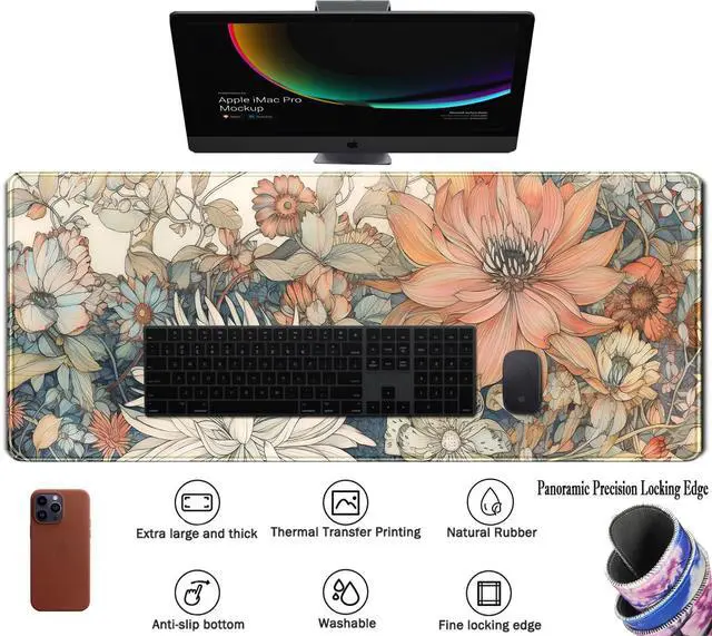 Alt view image 10 of 14 - Japanese Minimalist Floral Desk Mat Aesthetic Flowers XL Large Extended Gaming Mouse Pad with Stitched Edges, Big Laptop Computer Keyboard and Mouse Mat for Girl Women Office Decor 31.5x11.8 in