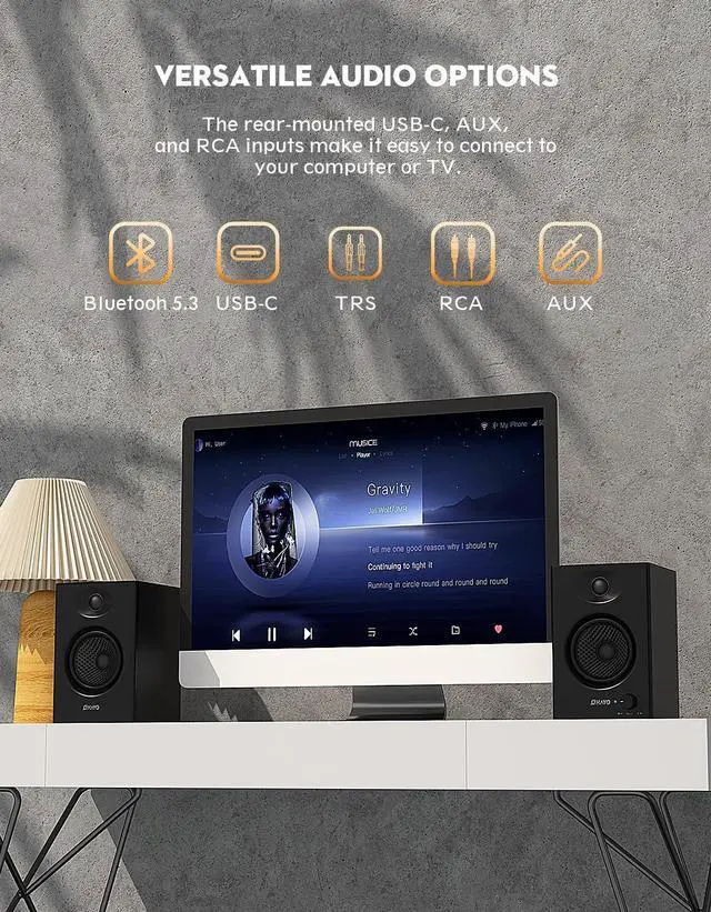 Alt view image 12 of 14 - 60W Computer Speakers for Music and Gaming, Active Bluetooth 5.3, Stereo 2.0 Speakers for Desktop PC or Laptop, 3.5mm Aux RCA USB Input, 1 Pair, Black
