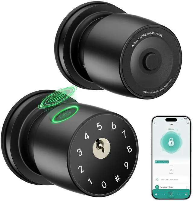Alt view image 8 of 14 - Fingerprint Door Knob for Bedroom - 291Y 4-in-1 Keyless Bedroom Door Knob Smart Lock with App, One-tap Privacy Mode Setup, Auto-Lock Easy to Install - Matte Black