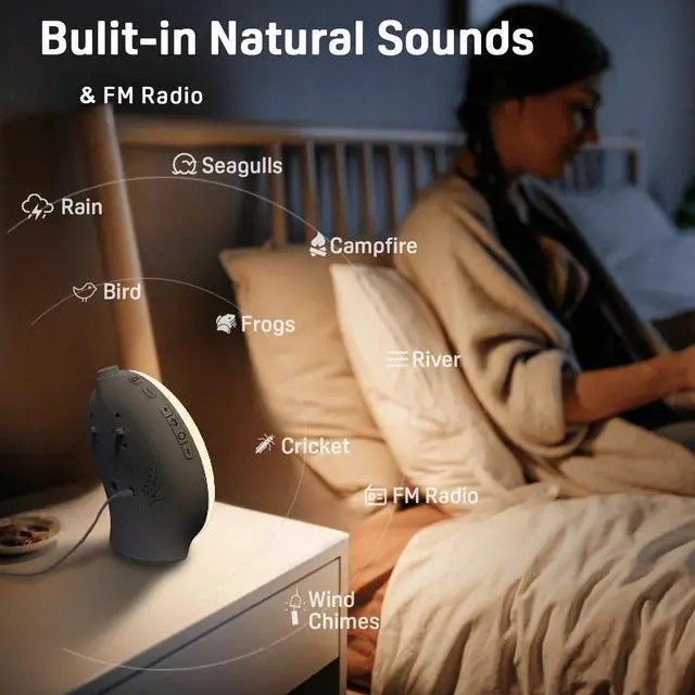 Alt view image 10 of 14 - Wake Up Light Sunrise Alarm Clock for Kids, Heavy Sleepers, Bedroom, with Sunrise Simulation, Sleep Aid, Dual Alarms, FM Radio, Snooze, Nightlight, Daylight, 7 Colors, 7 Natural Sounds, Ideal for Gift