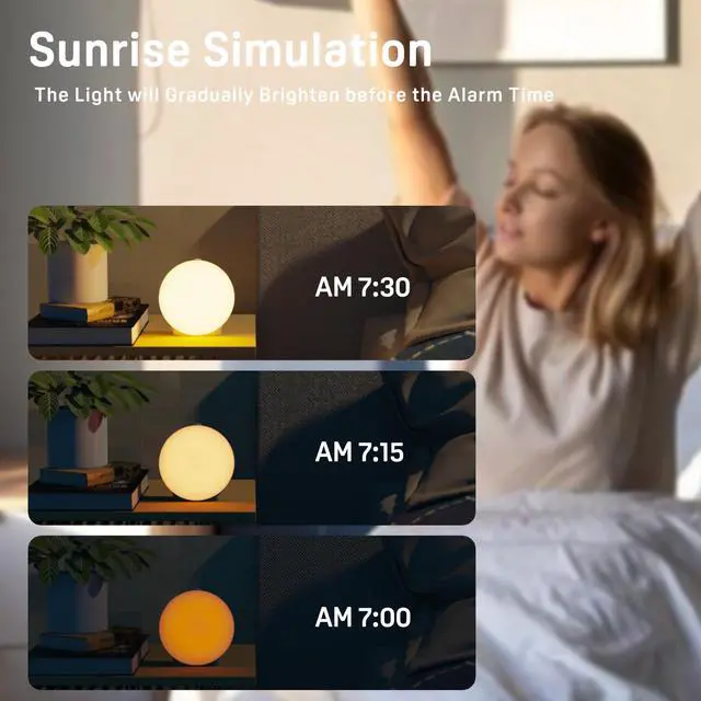 Alt view image 9 of 14 - Wake Up Light Sunrise Alarm Clock for Kids, Heavy Sleepers, Bedroom, with Sunrise Simulation, Sleep Aid, Dual Alarms, FM Radio, Snooze, Nightlight, Daylight, 7 Colors, 7 Natural Sounds, Ideal for Gift