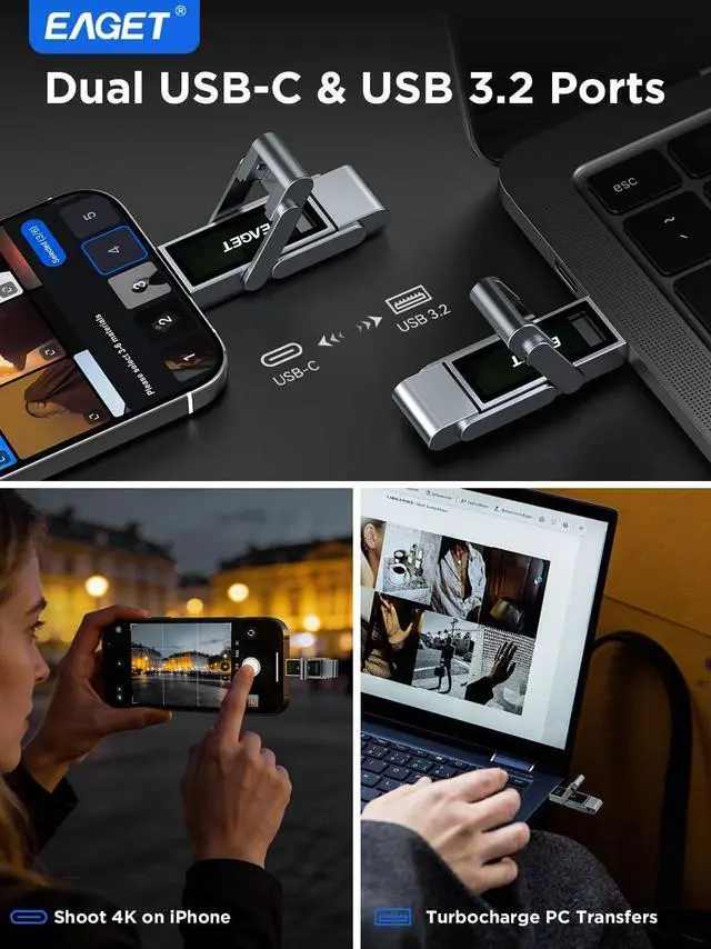 Alt view image 10 of 14 - 512GB USB Flash Drive, USB-C Dual-Port Solid State Drive with USB 3.2, 560MB/s High-Speed Thumb Drive for iPhone 15/16/17 Pro, Android, Mac, PC, PS5 Durable Metal Body & Portable SSD