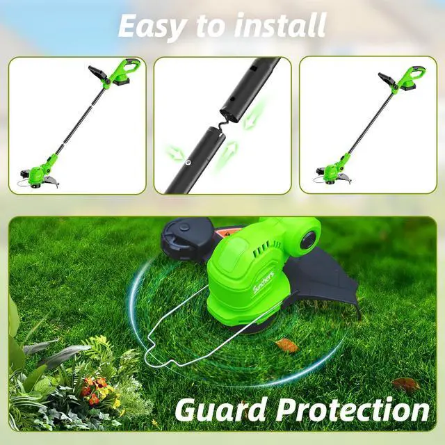 Alt view image 14 of 14 - 12-inch 20V Cordless String Trimmer with Charger, 2 X 2.0Ah Battery Powered Grass Mover with Auto Line Feed, 2 in 1 Lawn Edger with 8 Pcs Grass Cutter Spool Line and 2 Spool Cap, Green