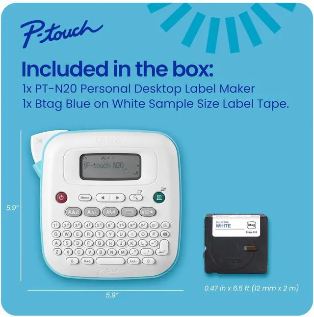 Alt view image 14 of 14 - P-Touch PT-N20 Personal Desktop Label Maker, Portable, Handheld and Prints, P-Touch Btag ~½ (12mm) Wide Color Personalized Label Tapes