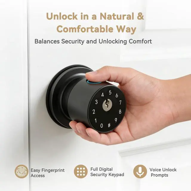 Alt view image 11 of 14 - Fingerprint Door Knob for Bedroom - 291Y 4-in-1 Keyless Bedroom Door Knob Smart Lock with App, One-tap Privacy Mode Setup, Auto-Lock Easy to Install - Matte Black