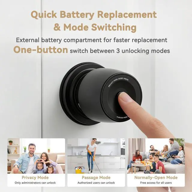 Alt view image 12 of 14 - Fingerprint Door Knob for Bedroom - 291Y 4-in-1 Keyless Bedroom Door Knob Smart Lock with App, One-tap Privacy Mode Setup, Auto-Lock Easy to Install - Matte Black