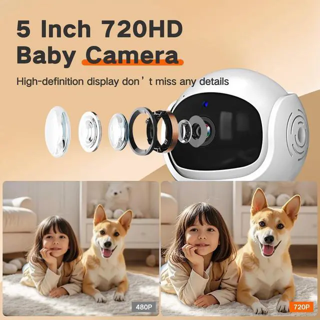 Alt view image 9 of 14 - Video Baby Monitor with Camera and Audio,720P 5" HD Wireless No WiFi, 2-Way Talk,Voice Motion Detection, 8 Lullabies, 1000ft Long Range, Night Vision, Temperature & Feeding Alarm, 355° PTZ