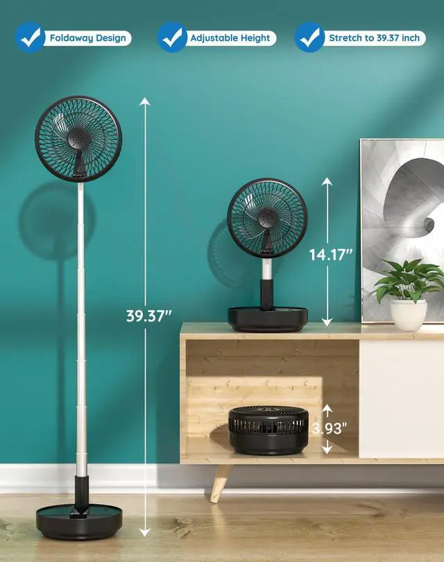 Alt view image 9 of 14 - Portable Oscillating Standing Fan,Rechargeable Battery Operated USB Floor Table Desk Fan with Remote, Bedroom Camping Travel Fans Black 7.7"