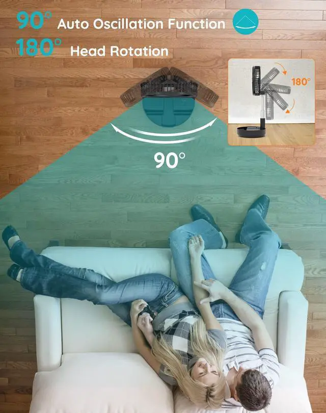 Alt view image 10 of 14 - Portable Oscillating Standing Fan,Rechargeable Battery Operated USB Floor Table Desk Fan with Remote, Bedroom Camping Travel Fans Black 7.7"