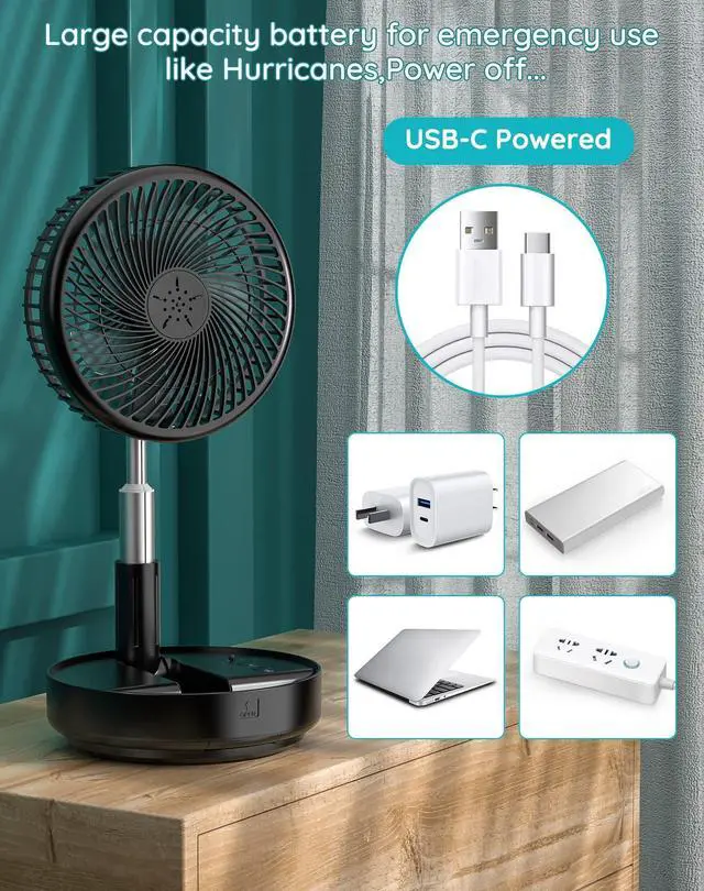 Alt view image 13 of 14 - Portable Oscillating Standing Fan,Rechargeable Battery Operated USB Floor Table Desk Fan with Remote, Bedroom Camping Travel Fans Black 7.7"