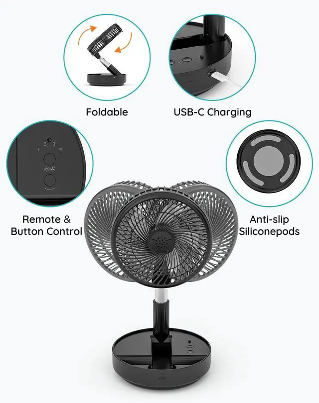 Alt view image 12 of 14 - Portable Oscillating Standing Fan,Rechargeable Battery Operated USB Floor Table Desk Fan with Remote, Bedroom Camping Travel Fans Black 7.7"