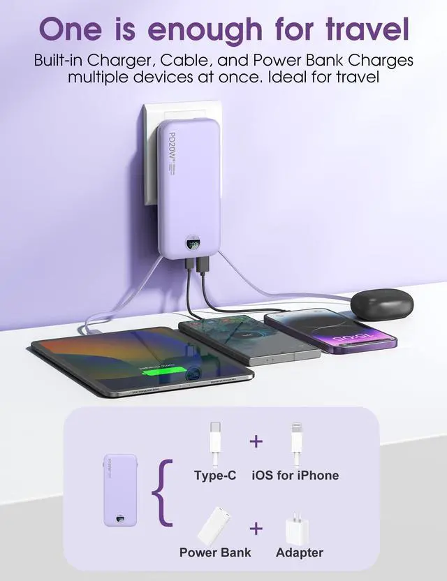 Alt view image 2 of 3 - Portable Charger, 10000mAh PD20W USB C Fast Charging Power Bank with Built-in Cables and AC Wall Plug, Smart LED Display Travel Essentials Battery Pack Compatible with iPhone, iPad, Samsung etc Purple