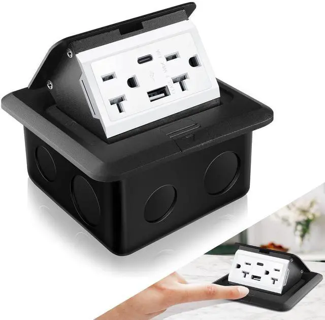 Alt view image 7 of 12 - Pop up Floor Outlet Floor Kit Waterproof Electrical Outlet Cover Box with 4.8A USB A & Type C Charge and 20 Amp Tamper Resistant Plug Receptacle Box for Countertop Office Home(Black)