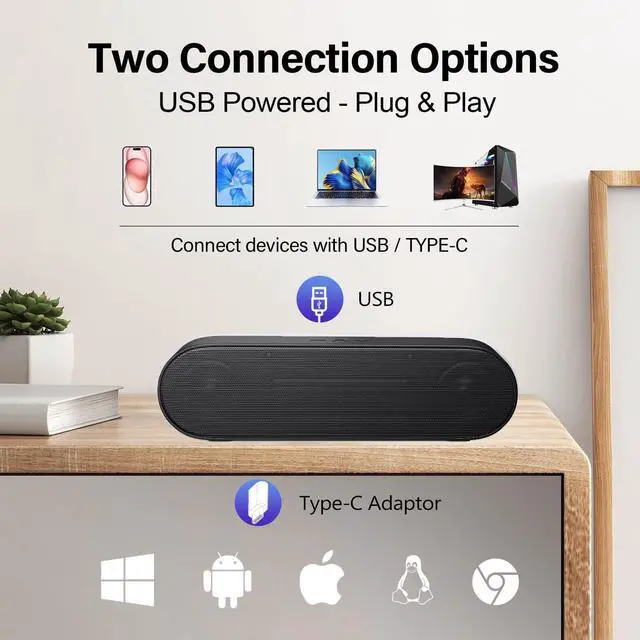 Alt view image 9 of 14 - Updated Computer Speaker, USB Powered Speaker for Desktop,Windows PC,Mac. Portable Mini Sound bar-Plug and Play with Volume Control and Mute Button (USB-C to USB Adapter Included)