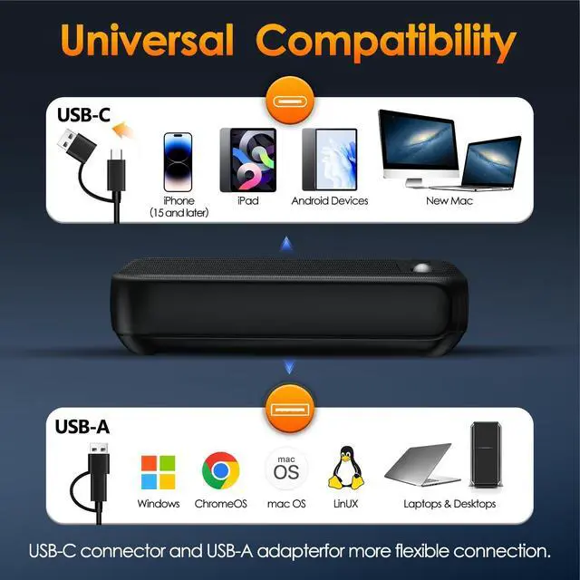 Alt view image 10 of 14 - USB-A/USB-C Computer Speakers for PC Desktop, Wired Portable Mini Sound-bar for Monitor with Stereo Sound & Enhanced Bass, Laptop Speakers for Desktop, PC, Smartphones,Tablets with RGB Lights
