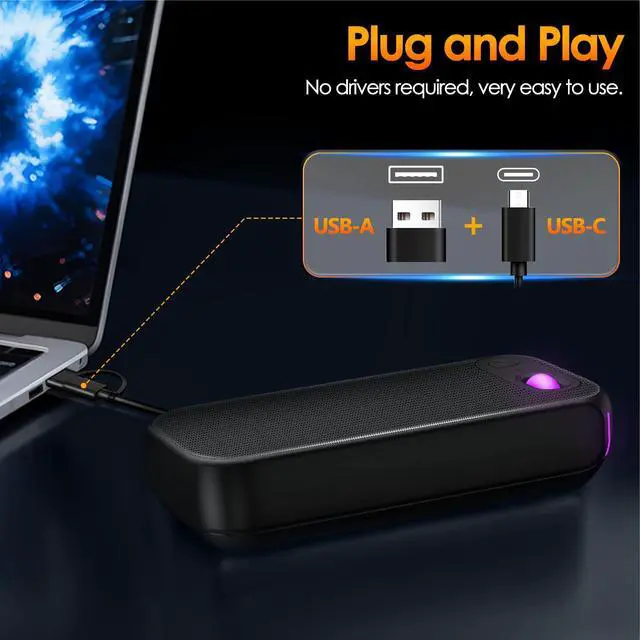 Alt view image 13 of 14 - USB-A/USB-C Computer Speakers for PC Desktop, Wired Portable Mini Sound-bar for Monitor with Stereo Sound & Enhanced Bass, Laptop Speakers for Desktop, PC, Smartphones,Tablets with RGB Lights