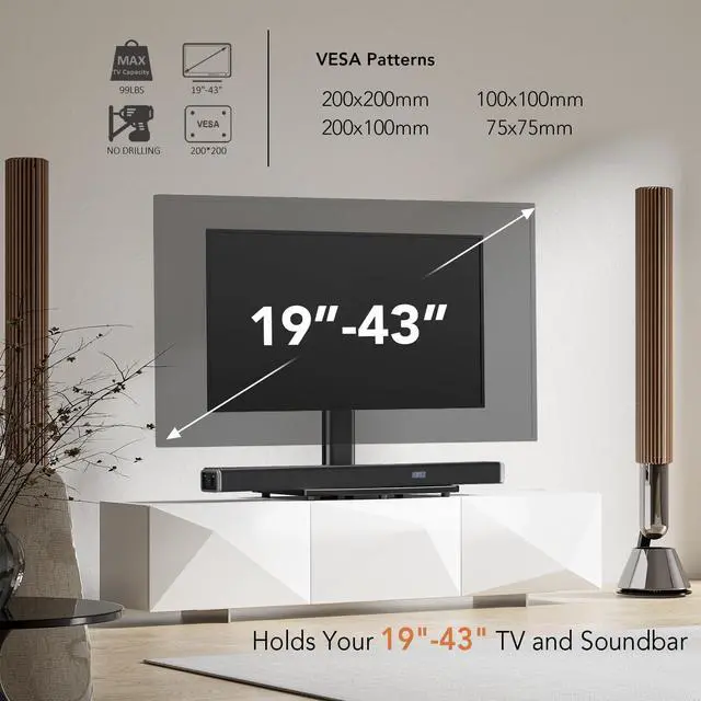 Alt view image 9 of 14 - Universal Swivel TV /Table Top TV Stand for 19 to 43 inch TVs with 90 Degree Swivel, 4 Level Height Adjustable, Heavy Duty Tempered Glass Base, Holds up to 99LBS HT02B-001