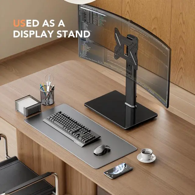 Alt view image 14 of 14 - Universal Swivel TV /Table Top TV Stand for 19 to 43 inch TVs with 90 Degree Swivel, 4 Level Height Adjustable, Heavy Duty Tempered Glass Base, Holds up to 99LBS HT02B-001