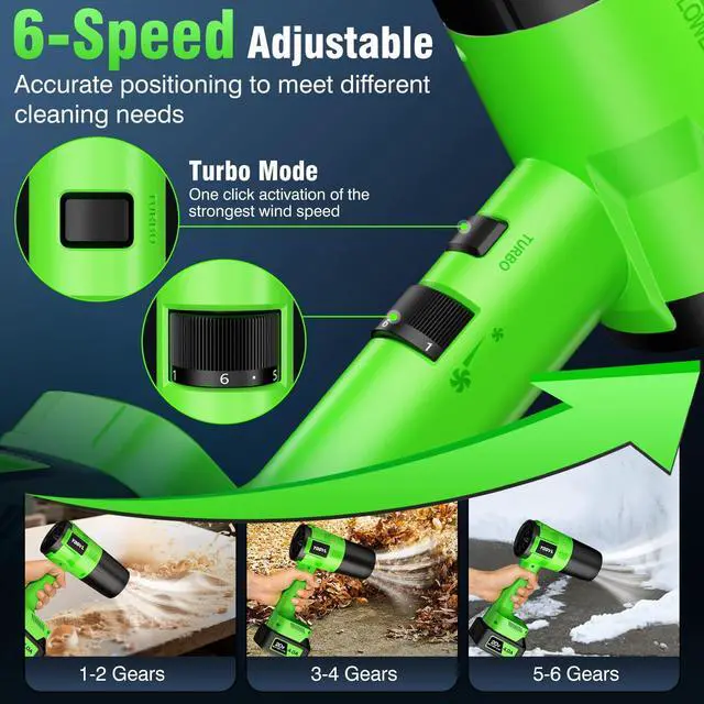 Alt view image 11 of 14 - Leaf Blower Cordless, Handheld Leaf Blower with 2 X 4.0Ah Battery and Charger, Snow Blower with 6 Speed Modes, Lightweight Blowers for Lawn Care, Patio, Yard, Blowing Snow, Leaves, Dust