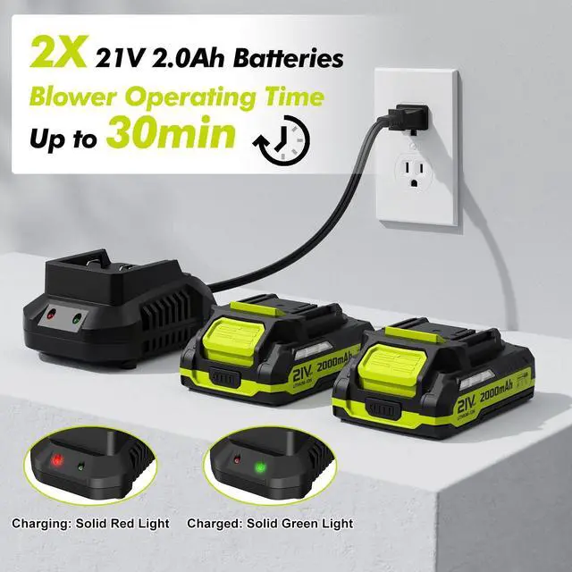 Alt view image 9 of 14 - Leaf Blower Cordless - 21V Powerful Electric Leaf Blower with 2 Batteries and Charger, 2 Speed Modes, 2.0Ah Lightweight Battery Powered Leaf Blowers for Lawn Care, Patio, Dust, Blowing Leaves