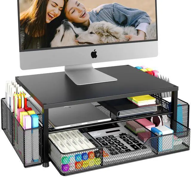 Alt view image 8 of 14 - Desk Organizer and Accessories, 2-Tier Computer Monitor Stand Riser with Drawer and 2 Pen Holders, Laptop Stand, Office Desk Accessories for Office Supplies, Black