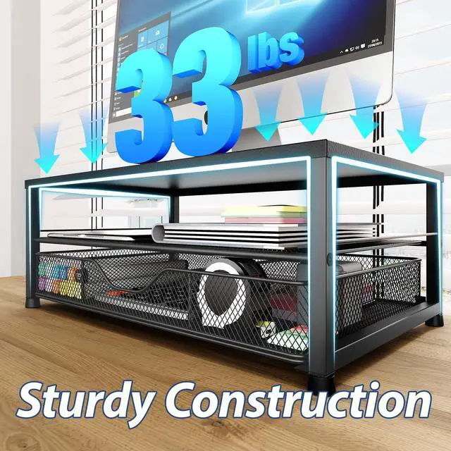 Alt view image 12 of 14 - Desk Organizer and Accessories, 2-Tier Computer Monitor Stand Riser with Drawer and 2 Pen Holders, Laptop Stand, Office Desk Accessories for Office Supplies, Black